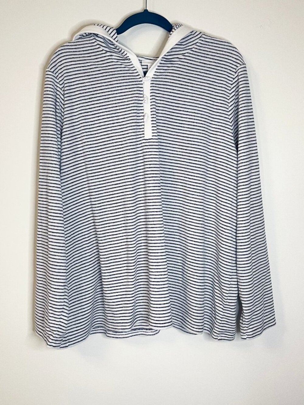J.Jill Fit Striped Loop-Terry Hooded Top XL White Navy Long Sleeve Nautical